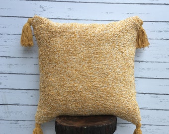 Camel Chenille Pillow Cover/ Decorative Throw Pillow With Tassel/ Brown Boucle Pillow Cover/ Woven Textured/ Soft Euro Sham Pillow