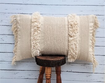 Throw Pillowcase Indian Handmade Boho Ivory Raw Cotton Fringe Cover with Tufted Textured Embroidery, Lumber Cushion for Home Decor