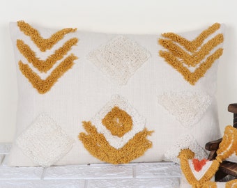 Mustard Yellow Ivory Texture Boho Cushion - Embroidered Tufted Pillow Case - Handwoven Cotton Throw Pillow - Arrow Tufted Pillow For Decor