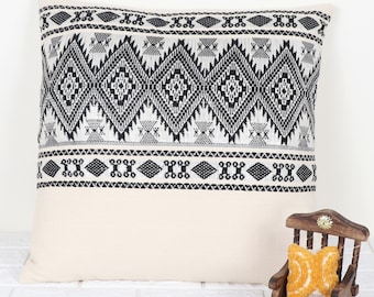 Black Ivory Cushion Cover, Boho Decorative Pillow, Cotton Hand Loom Woven Pillow, Home Decor Embroidered Pillow For Gift