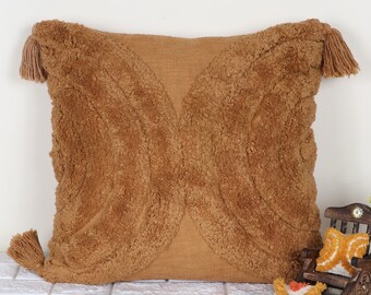Handmade Decorative Cushion Cover | Camel Brown Pillow | Boho Tufted Tassel Pillow | Living Room Decor Gift | Accent Embroidered Pillowcase