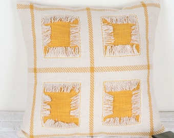 Yellow Embroidered Cotton Pillow, Bohemian Textured Cushion, Fringe Pillow Cover For Home Decor, Tufted Throw Pillow Cover