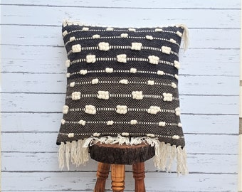 Tufted Boho Cushion Cover, Ivory Cushion with Black Woven Textured Handmade Cushions, Tufted Throw pillow