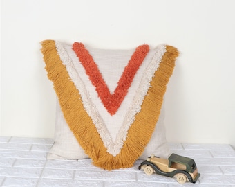 Hand Tufted Cotton Pillow Cover | Mustard Yellow Embroidered Throw Pillow | Bohemian Living Room Decor | Farmhouse Style