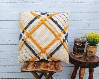 Cushion Cover Mustard Yellow Cream White Indian Handmade Boho Decorative Fringe Pillows Cover Cotton Tufted Textured Home Decor Pillow Case