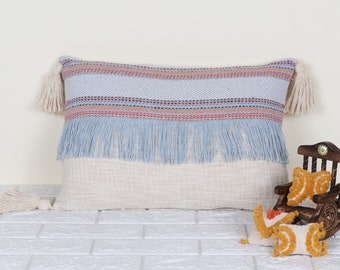 Lumbar Cotton Fringe Pillow Cover/ Handwoven Textured Pillowcase/ Boho Tassel/ Home Decor Living Pillow