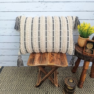 プレミアム ボヘミアン インド ハンドメイド マスタードイエロー クリームホワイト 装飾フリンジタッセル ソフトコットン 枕カバー、コットンタフテッド テクスチャード クッション