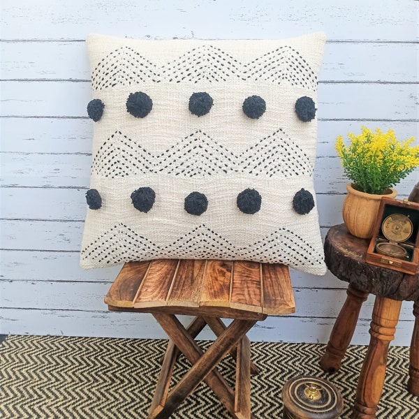 Cushion Cover Indian Handmade Black & Cream White Cotton Textured Pillowcase Boho Decorative  Embroidery Tassel Bohemian Pillow Cover Boho