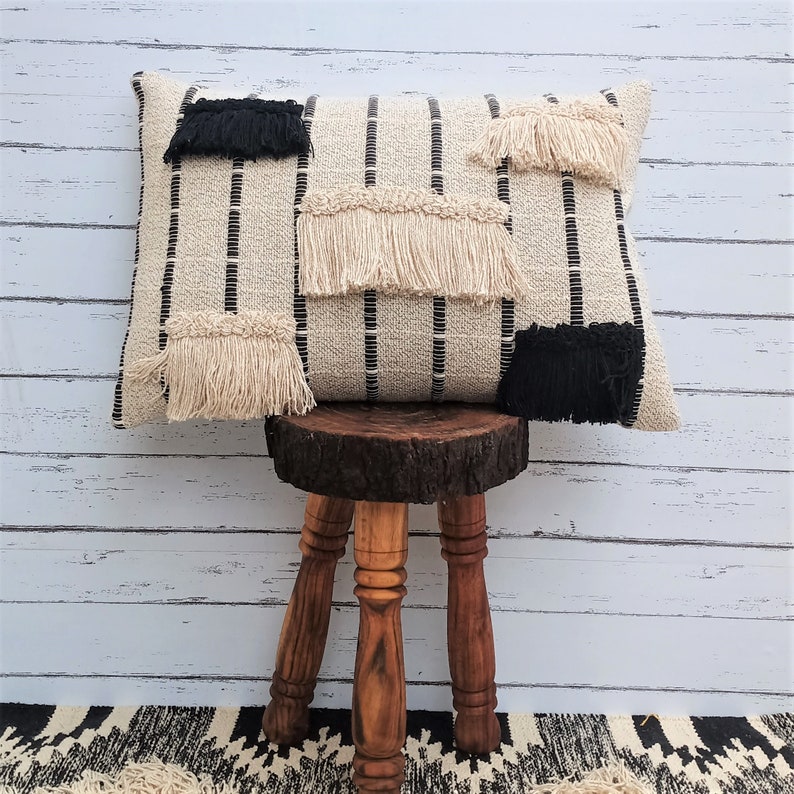 Grey Cream White Boho Decorative Fringe Embroidery Lumber Pillows Cover Cushion Cover 35x50 100/% Cotton Tufted Textured Pillow Case