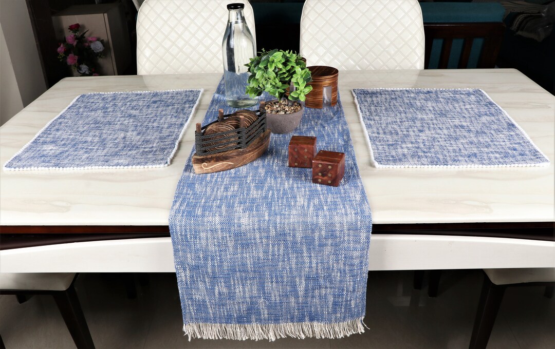 Table Runner Indian Handmade Blue White Cotton Jacquard Lurex Long