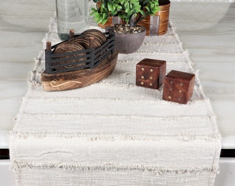 Handmade Cotton Narrow Runner, Frayed Edge Rustic Canvas Table Runner, Bohemian Off- White Home Decor Runner