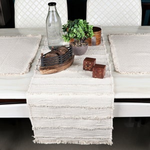 Handmade Cotton Table Runner: Ivory Boho Stripe Dining Decor