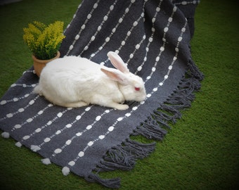 Handmade Black and White Cotton Throw Blanket | Chunky Loops Throw | Striped Sofa Decor