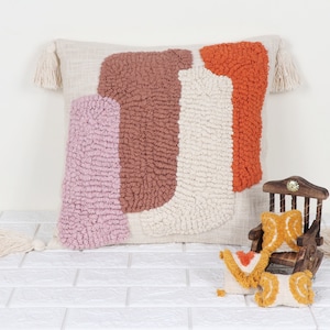Indian Handmade Cotton Pillowcase Ivory Orange Tufted Textured Fringe Boho Soft Pillow Cover