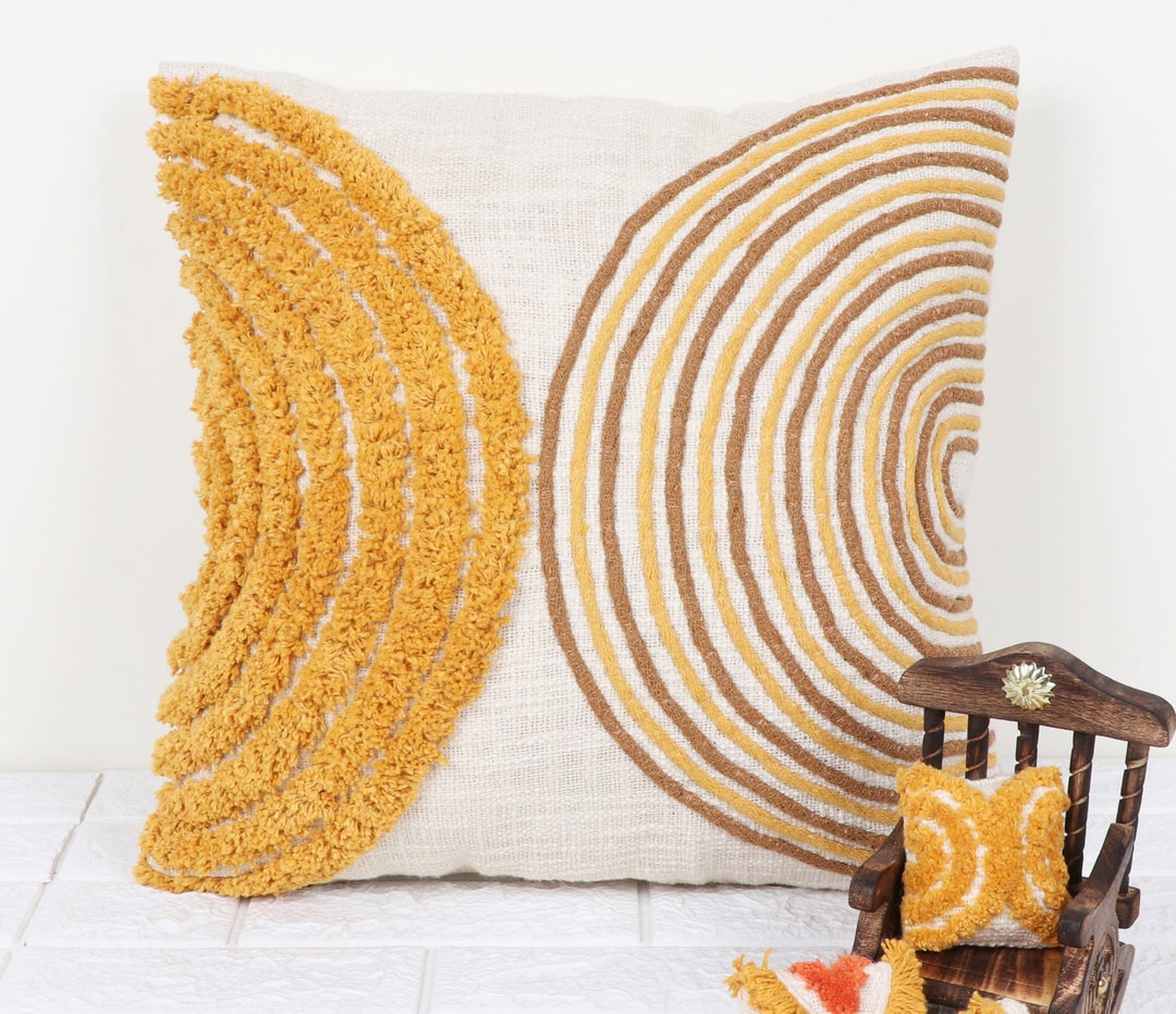 Cushion Covers Yellow Brown Grey Indian Handmade Cotton Tufted Boho