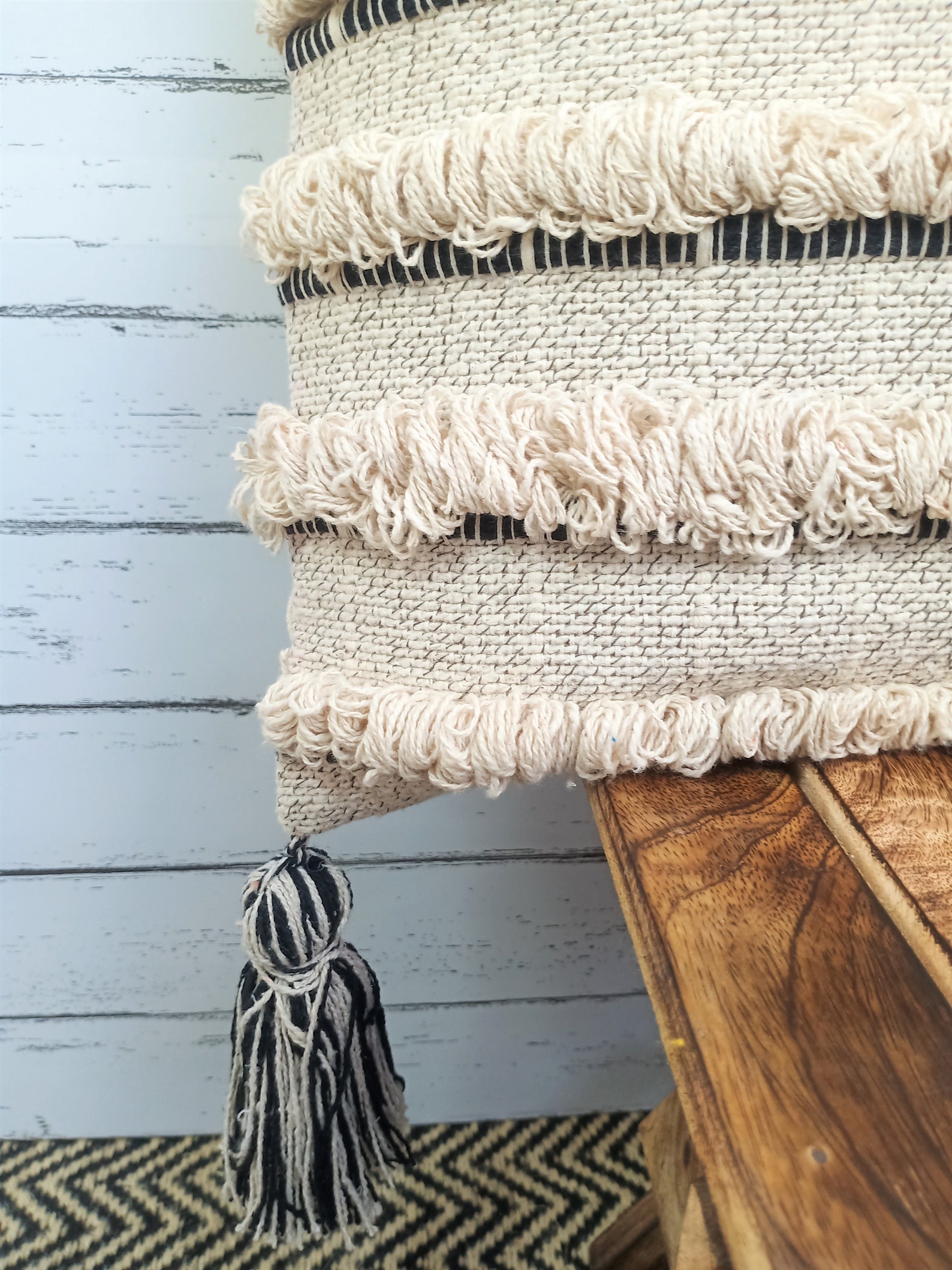 Black Ivory Boho Pillow Fringe Pillows Decorative Cover Etsy