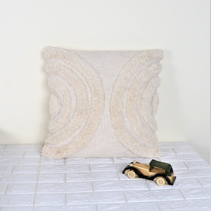 Handmade Tufted Cotton Pillow Cover: Off-White Boho Textured Lumbar Cushion