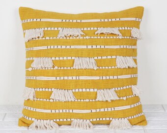 Mustard Yellow Tufted Stripes Cushion/ Decorative Boho Throw Pillow/ Cotton Embroidered Pillow Case/ Handmade Cushion Cover