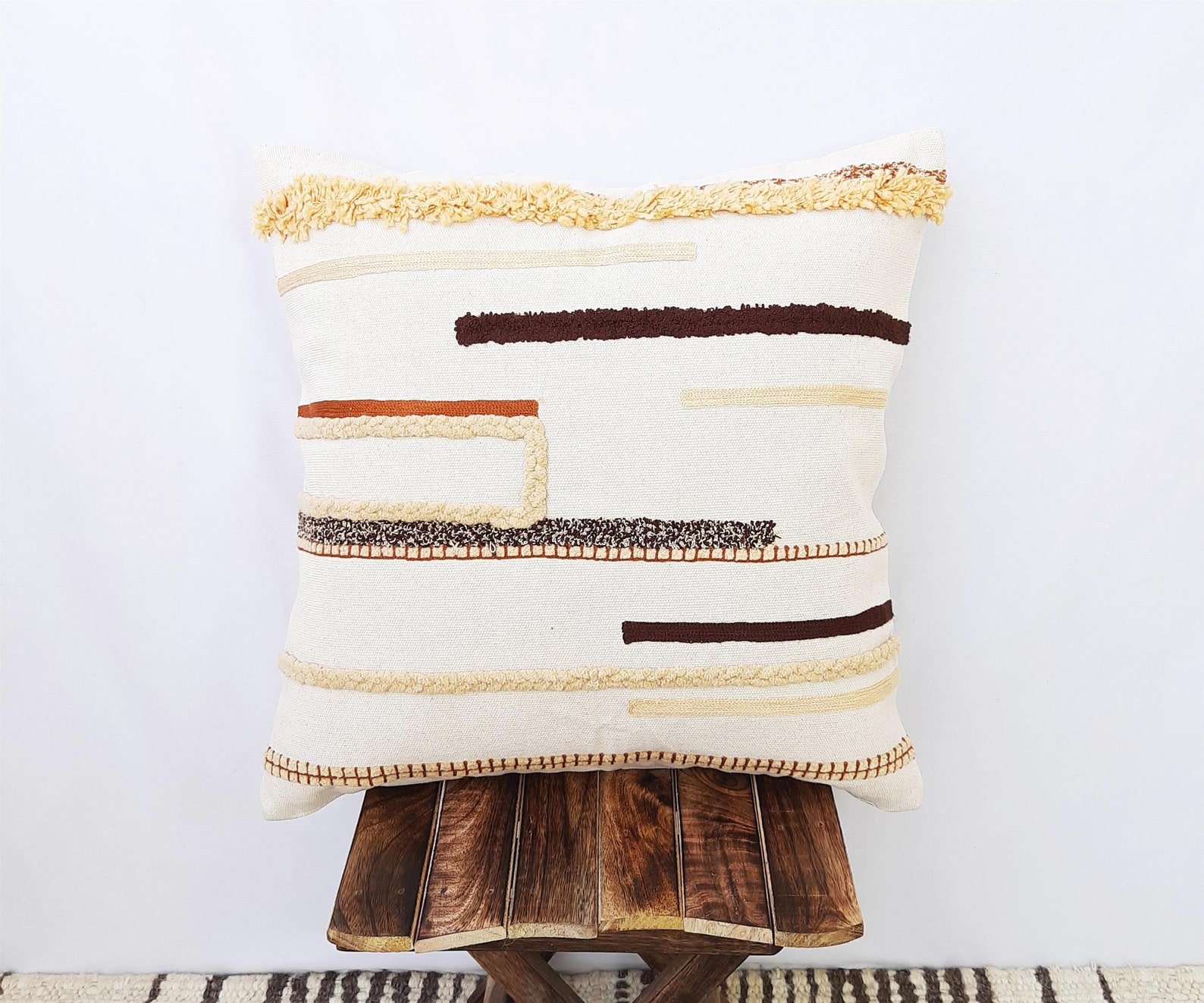 White Brown 45x45 Boho Textured Cushion Cover Mustard Yellow Etsy