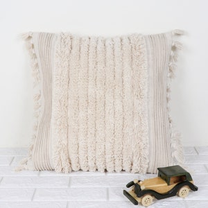 Cushion Cover Cream White Indian Handmade Boho Decorative Fringe Pillow Cover Cotton Tufted Textured Pillow Cover