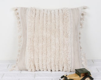 Cushion Cover Cream White Indian Handmade Boho Decorative Fringe Pillow Cover Cotton Tufted Textured Pillow Cover