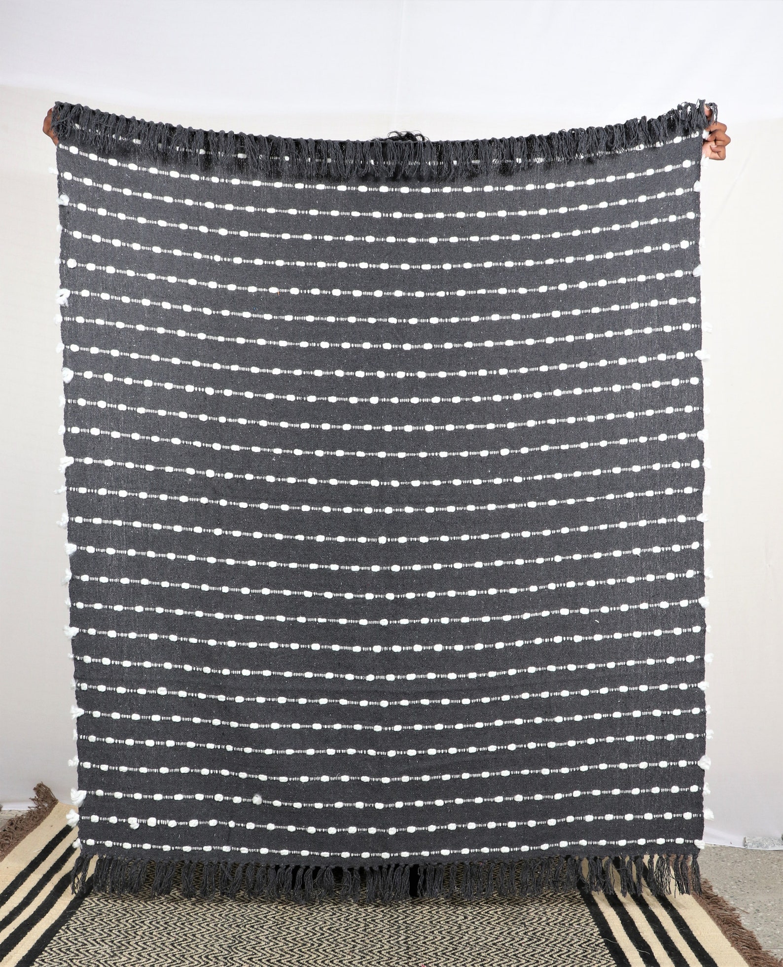 Hand Woven Throw Blankets 100 Cotton Grey White Throw Rug Etsy