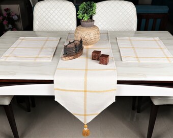 White Cotton Table Runner With Decorative Tassel | Linen Wedding Decor | Vintage-Inspired Runner | Kitchen Modern Classic Home Decor