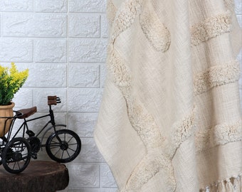 Soft Cotton Throw Blanket, Off-White Bohemian Decor, Handmade Sofa Blanket, Tufted Fringe Textured Throw Blanket, Home Decor Gift