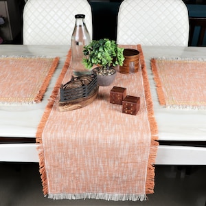 Handmade Orange Cotton Table Runner: Jacquard Lurex Fringe Boho Decor