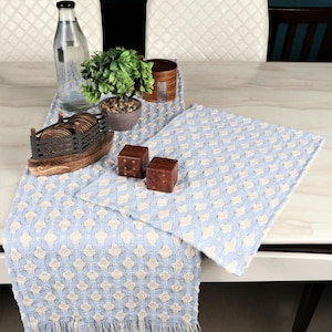 Handmade Cotton Table Runner: Artisanal Blue Boho Fringe Dining Decor