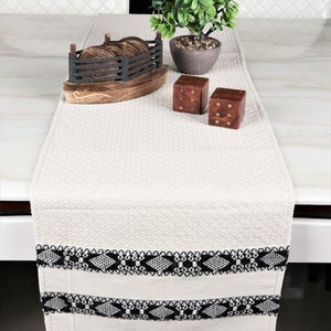 Handmade Cotton Table Runner: Rustic Black And White Fringe Boho Decor