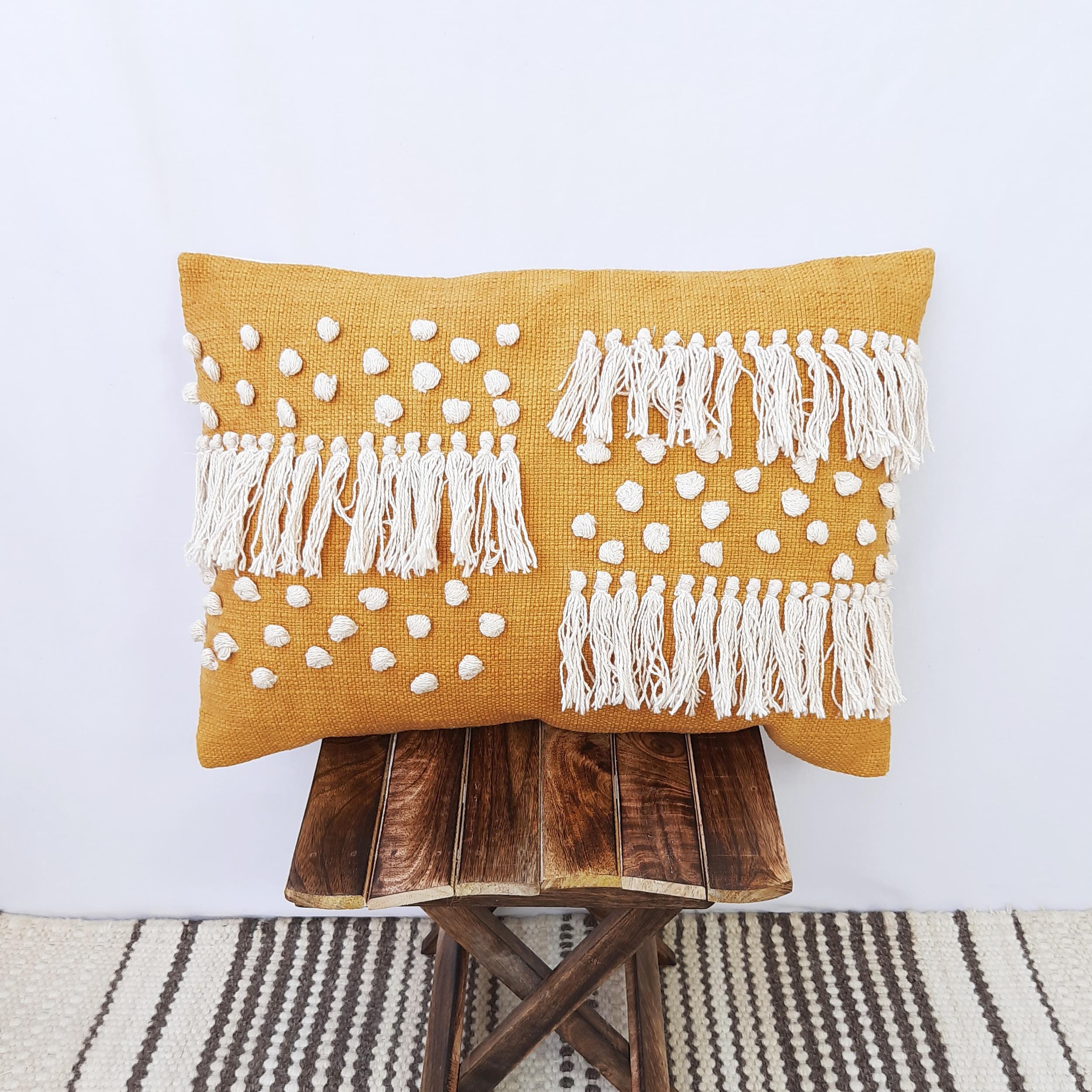 Housse Coussin 35x50 | Taies d'oreiller Texturées 100% Coton Touffeté Jaune Moutarde &blanc Crème Bo