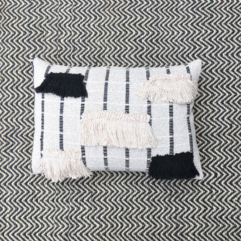 Grey Cream White Boho Decorative Fringe Embroidery Lumber Pillows Cover Cushion Cover 35x50 100/% Cotton Tufted Textured Pillow Case