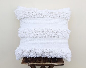 Cushion Cover Indian Handmade White Tufted Textured Cotton Acrylic Fringe Boho Textured Pillow Tufted Textured Home Dorm Decor Pillowcase