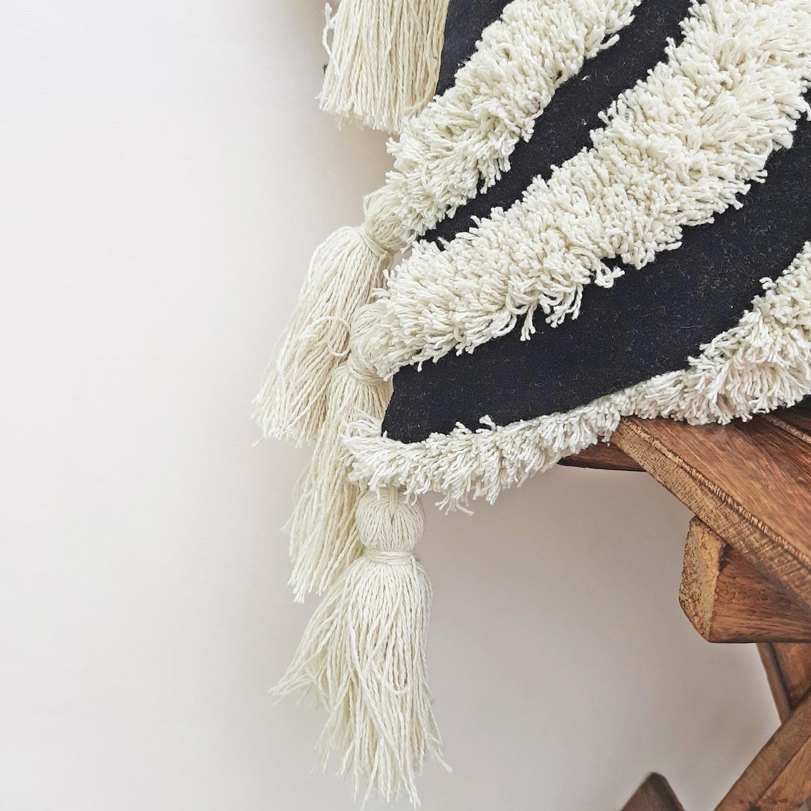 Black & Ivory Tassel Pillow Cover Boho Textured Pillow Case Etsy