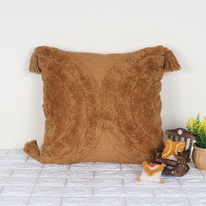 Premium Handmade Cotton Tufted Mustard Yellow Boho Pillow Cover with Embroidery and Tassel Decorative Cushion Case, Christmas Gift For Home