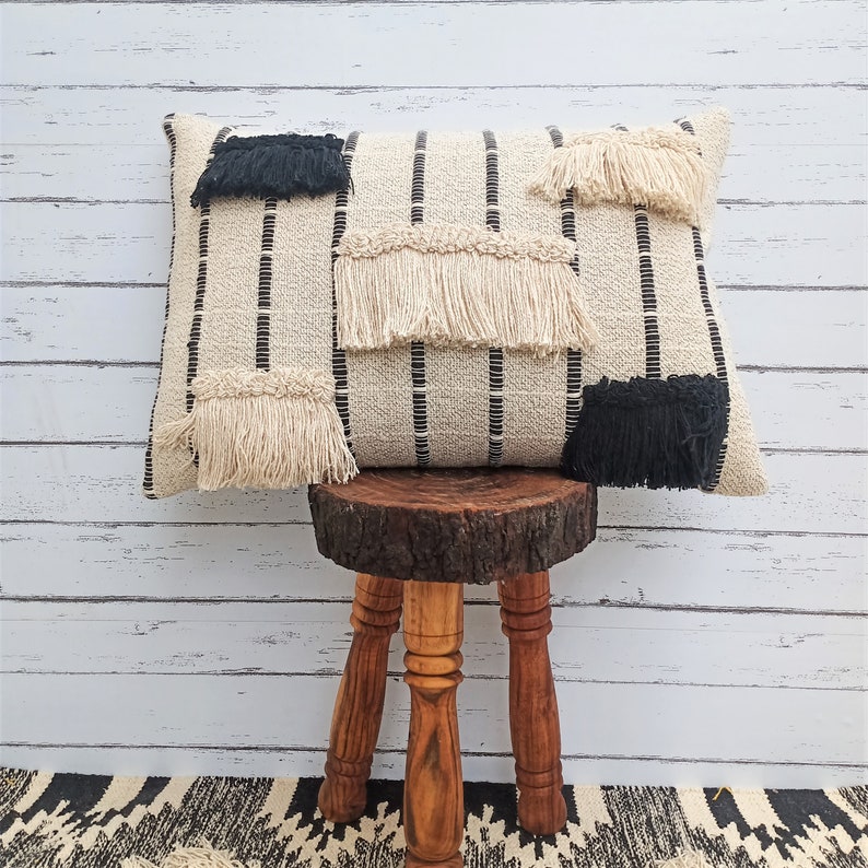Grey Cream White Boho Decorative Fringe Embroidery Lumber Pillows Cover Cushion Cover 35x50 100/% Cotton Tufted Textured Pillow Case
