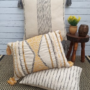 Premium Set Of 3 Combo Woven textured Pillow Cover Cotton Jacquard Decorative Fringe Cushion Cover Black Pillow Case Fringes Boho Pillow Set