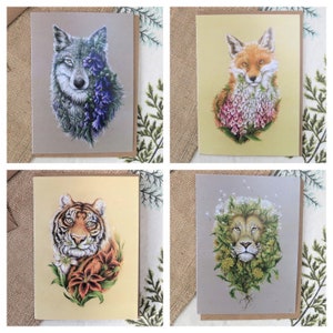 Bestias botánicas - Paquete de 4 tarjetas de felicitación - diente de león, tigre, Lobo y Foxgloves