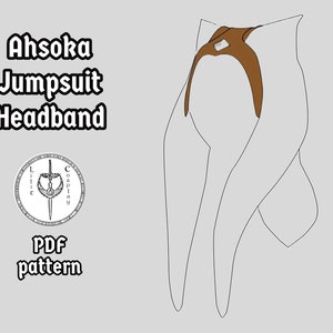 May include: A PDF pattern for a brown leather headband, inspired by Ahsoka Tano's character from Star Wars. The pattern is for a cosplay project and includes the text "Ahsoka Jumpsuit Headband" and a logo with the text "Little Cosplay".