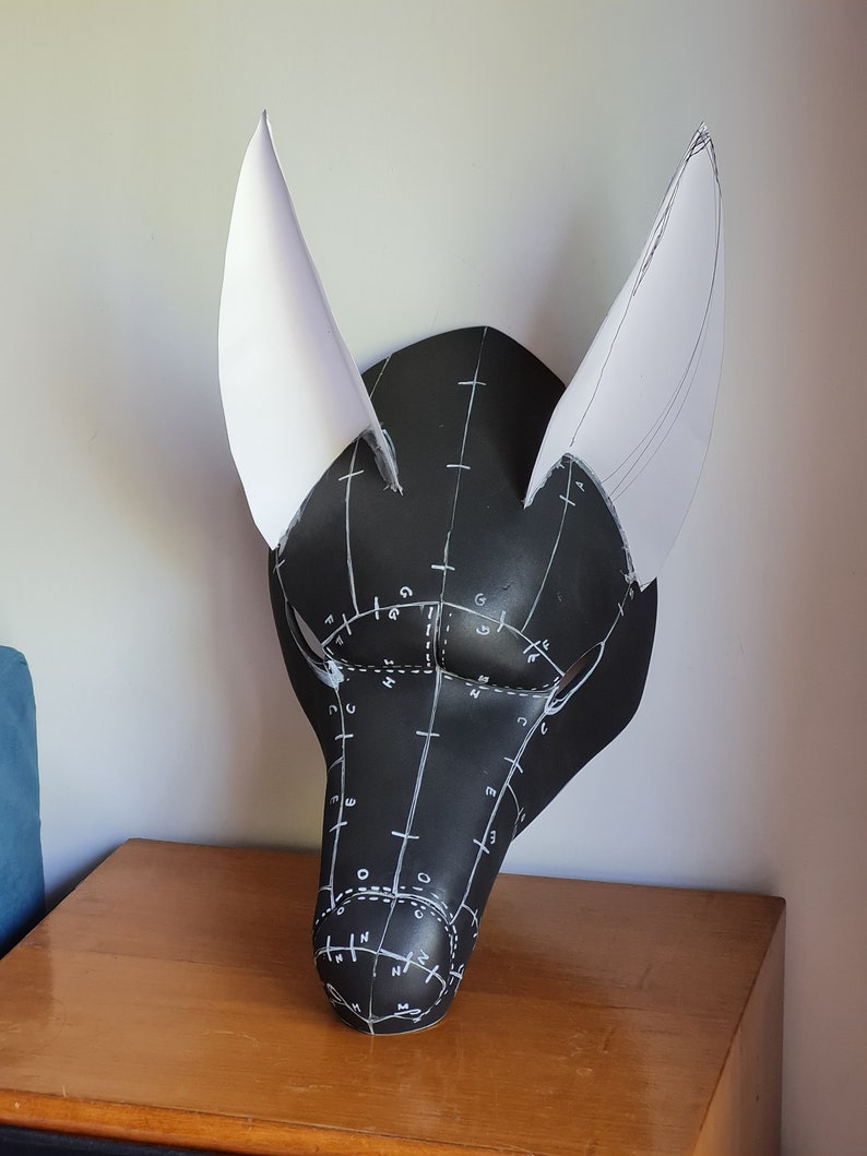 May include: A black foam mask with white paper ears. The mask has a grid pattern drawn on it with letters and numbers.