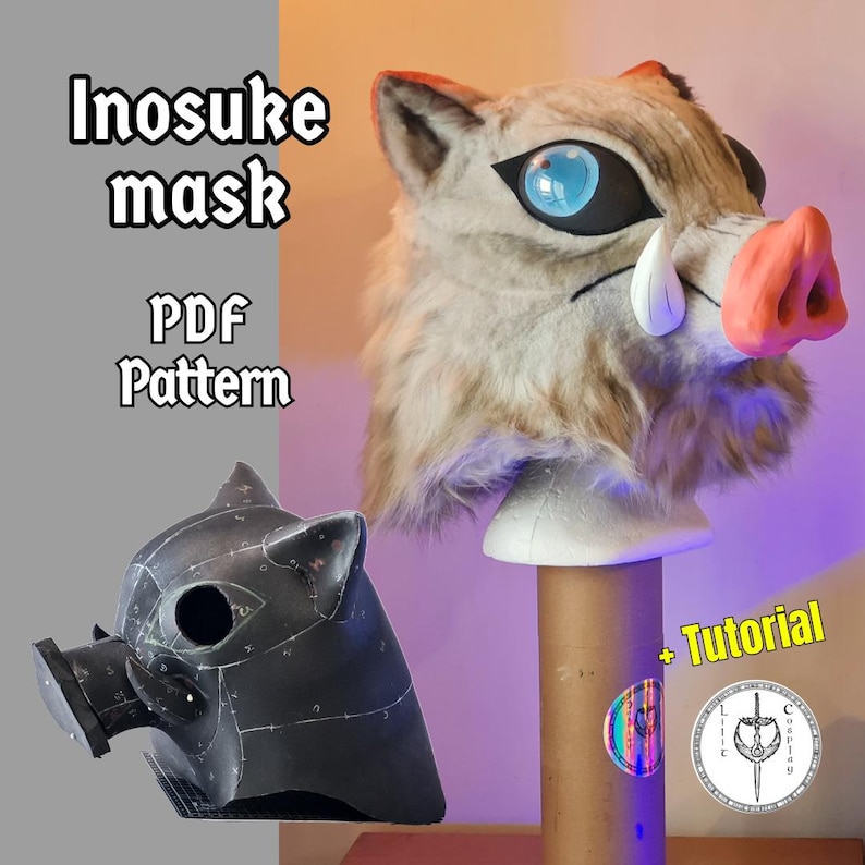 Pode incluir: Um padr&atilde;o de m&aacute;scara Inosuke em preto e branco com um tutorial. O padr&atilde;o &eacute; para uma m&aacute;scara de javali com um focinho e orelhas. A m&aacute;scara est&aacute; em uma forma de cabe&ccedil;a de espuma branca. O texto "Inosuke mask PDF Pattern" est&aacute; no canto superior esquerdo da imagem. O texto "Tutorial" est&aacute; no canto inferior direito da imagem.