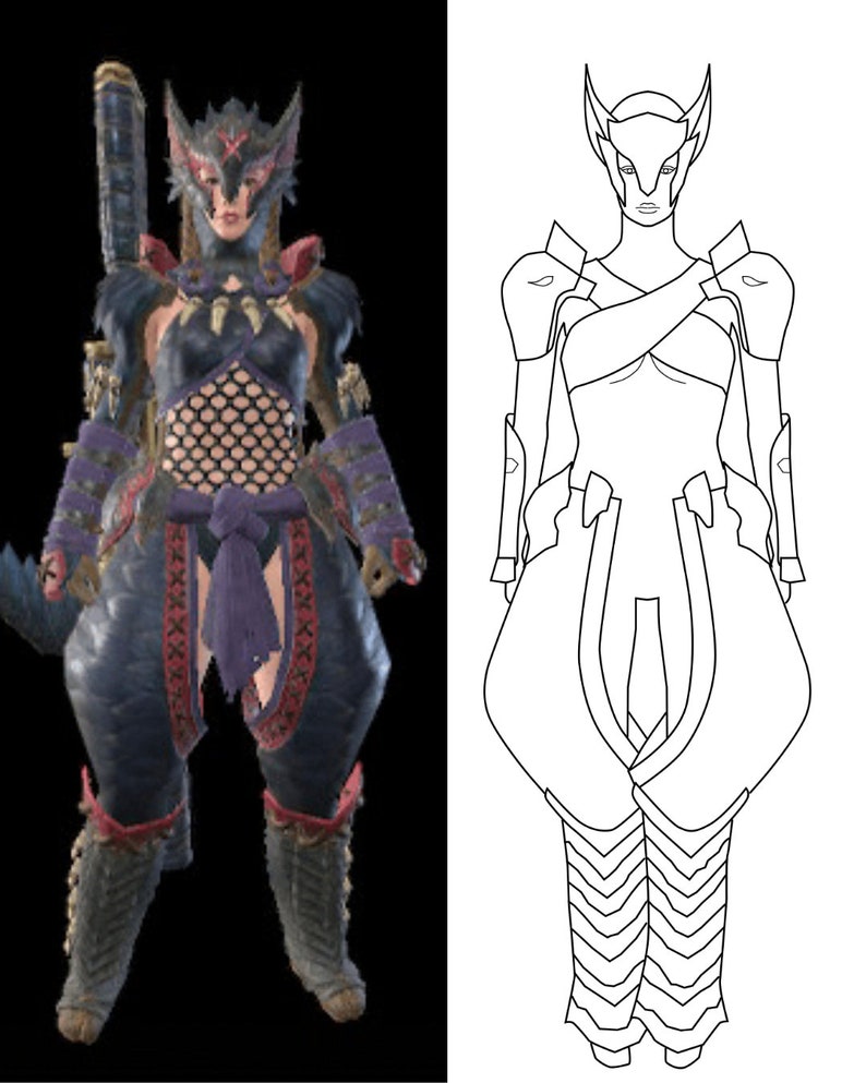 Puede incluir: Un conjunto de armadura negro y rojo con un casco con forma de lobo y una faja morada. La armadura se muestra en un personaje femenino con una espada en la mano. La imagen se divide en dos partes, con el lado izquierdo mostrando la armadura en color y el lado derecho mostrando un dibujo de l&iacute;nea de la armadura.
