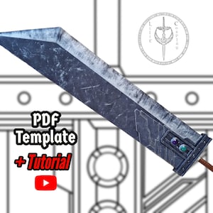 Könnte beinhalten: Eine detaillierte, graue und silberne Schwertreplik mit einem braunen Griff. Das Schwert hat eine strukturierte Oberfläche und ein blaues und grünes Edelstein-Design. Das Bild enthält den Text "PDF Template + Tutorial" und eine YouTube-Wiedergabetaste.