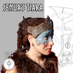May include: A brown leather headband with metal accents and blue gemstones. The headband is worn by a person with blue and red face paint. The text "SENUA'S TIARA" is at the top of the image. The text "PDF file pattern" is at the bottom of the image.