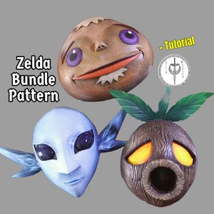 May include: A set of three Zelda character masks, including a brown Deku Scrub mask, a blue Great Fairy mask, and a brown Skulltula mask. The masks are made of papier-mâché and are ready to be painted. The image also includes the text "Zelda Bundle Pattern + Tutorial".