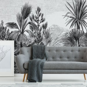 Black and White Vintage Tropical Etching The Tropics Wallpaper Mural - Removable Self-adhesive Wallpaper - Peel and Stick