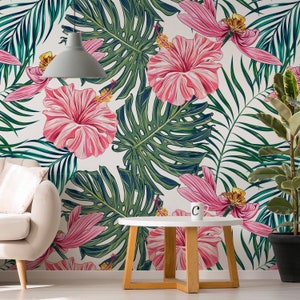 Pink Floral Tropical Hibiscus Wallpaper Mural - Removable Self-adhesive Wallpaper - Peel and Stick