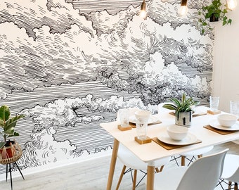 Black & White Etched Cloud Line Art Wallpaper Mural - Abut - Removable Self-adhesive Wallpaper - Peel and Stick