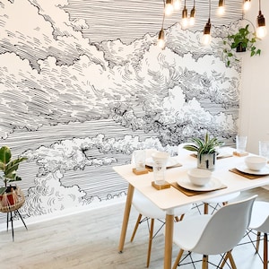 Black & White Etched Cloud Line Art Wallpaper Mural - Abut - Removable Self-adhesive Wallpaper - Peel and Stick